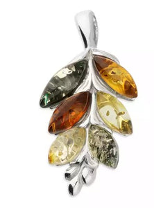 Sterling Silver Mixed Amber Leaf Pendant & Chain