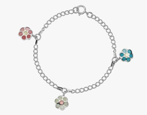 Sterling Silver Childs Pink, White & Blue Flower Charm Bracelet