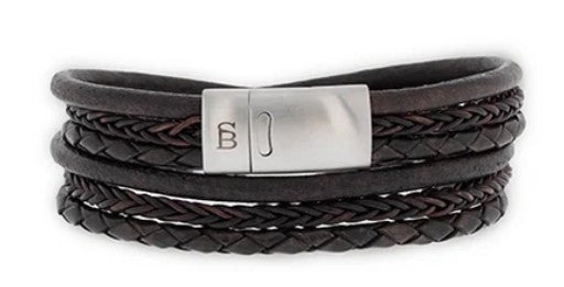 Mens Leather & Steel Bracelet In Black