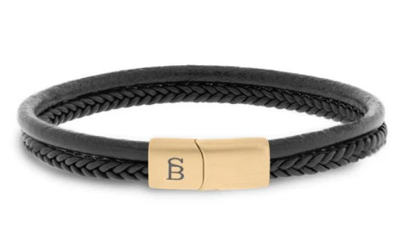 Mens Steel & Leather Bracelet In Gold Black