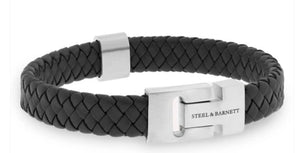 Mens Leather & Steel Bracelet In Black/Silver