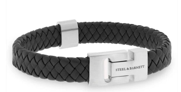 Mens Leather & Steel Bracelet In Black/Silver