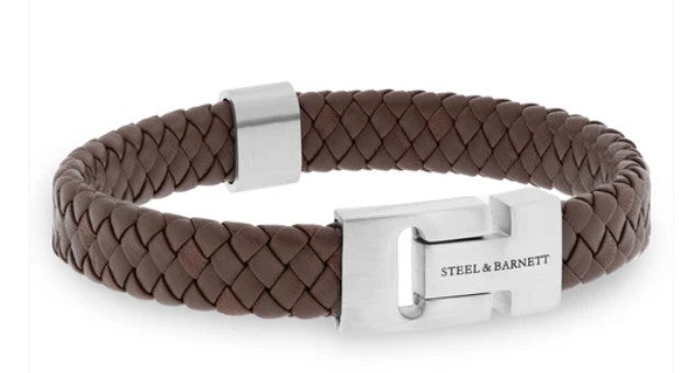 Mens Leather & Steel Bracelet In Brown