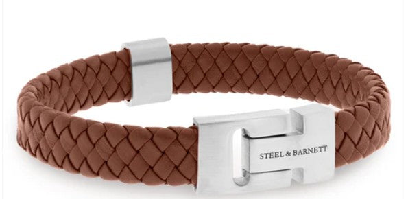 Mens Leather & Steel Bracelet In Peanut