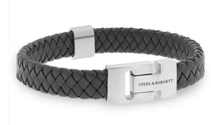 Mens Leather & Steel Bracelet In Dark Grey