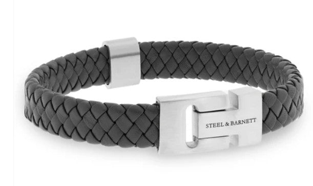 Mens Leather & Steel Bracelet In Dark Grey