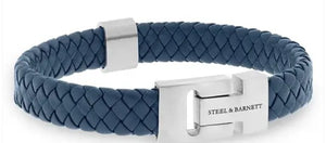 Mens Leather & Steel Bracelet In Jean Blue
