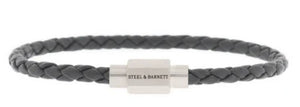 Mens Leather & Steel Bracelet In Dark Grey