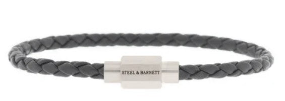 Mens Leather & Steel Bracelet In Dark Grey