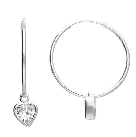 Sterling Silver And White Cubic Zirconia Heart Charm Hoop Earrings