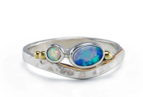 Sterling Silver Two Opalite Ring with Gold-Plated Detailing