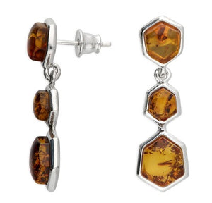 Sterling Silver Cognac Amber Hexagonal Drop Earrings