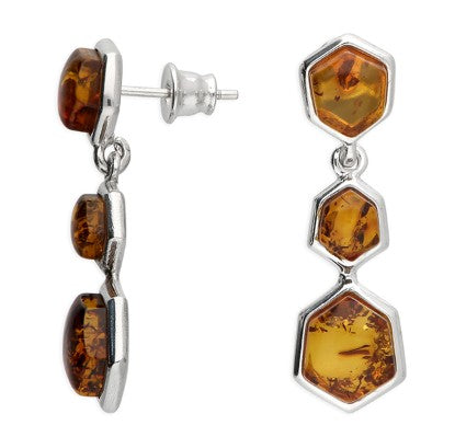 Sterling Silver Cognac Amber Hexagonal Drop Earrings