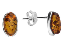 Load image into Gallery viewer, Sterling Silver Oval Cognac Amber Stud
