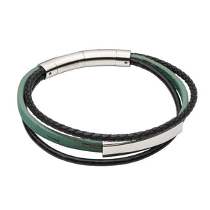 Gents Multi Row Green Recycled Leather Bracelet with Black IP Clasp