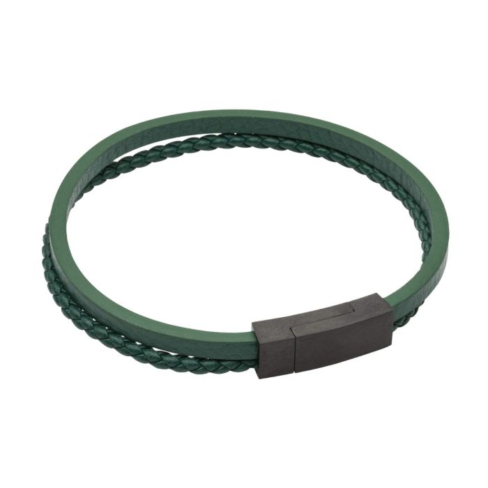 Gents Multi Row Green Recycled Leather Bracelet with Black IP Clasp