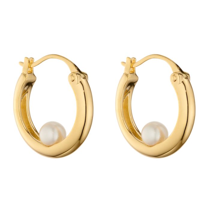 Yellow Gold Plated Encased Freshwater Pearl Hoop Earrings