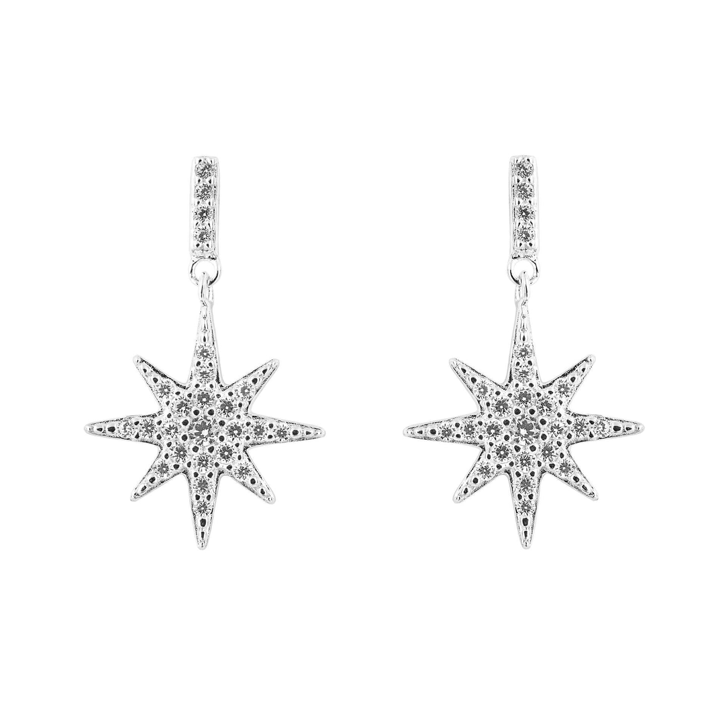 Sterling Silver Starburst Drop Earrings with Pave Cubic Zirconia