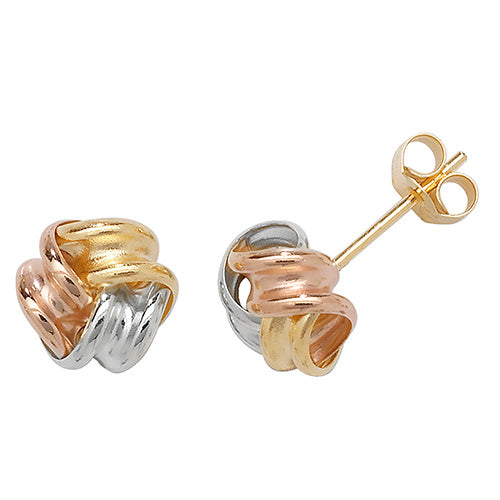 Three Coloured 9ct Gold Knotted Stud Earrings