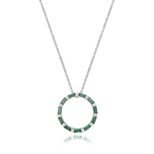 Sterling Silver Rhodium Plated Emerald Cubic Zirconia Circle Necklace