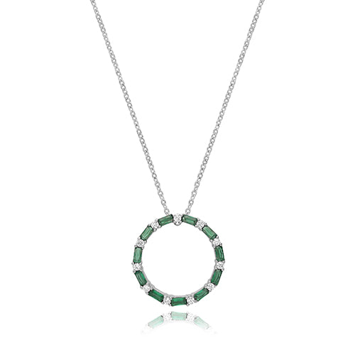 Sterling Silver Rhodium Plated Emerald Cubic Zirconia Circle Necklace