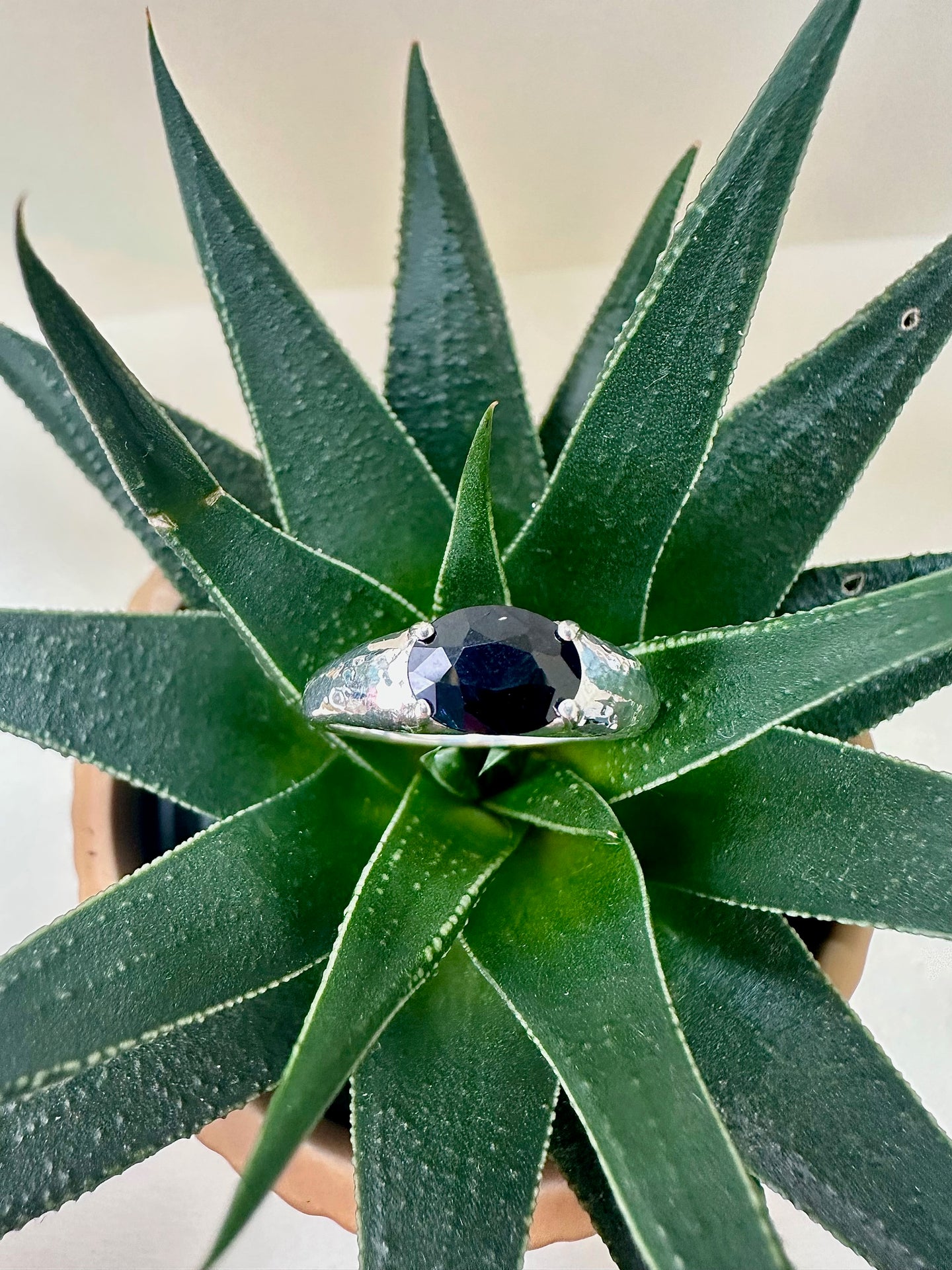 Sterling Silver Hammered Finish Black Sapphire Ring