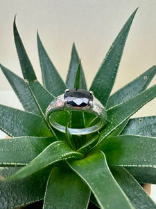 Sterling Silver Hammered Finish Black Sapphire Ring
