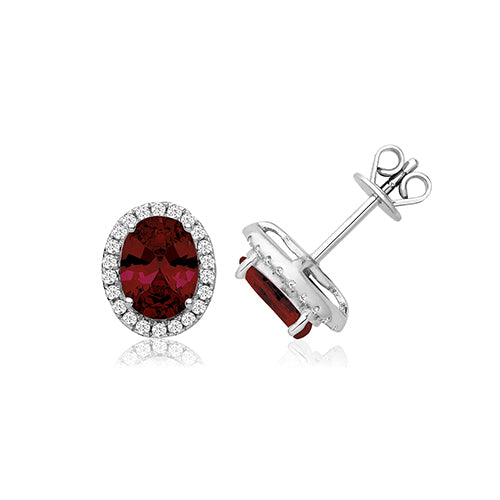 Sterling Silver Claw Set Halo Style Oval Red Cubic Zirconia Stud Earrings