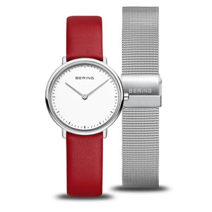 Ladies Bering Ultra Slim Polished Silver Watch and Red Leather Strap Set 15729-604