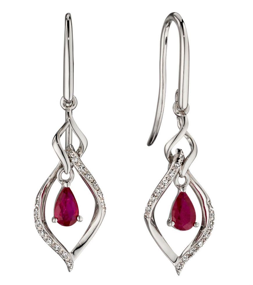 9ct White Gold Ruby & Diamond Drop Earrings