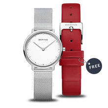 Load image into Gallery viewer, Ladies Bering Ultra Slim Polished Silver Watch and Red Leather Strap Set 15729-604
