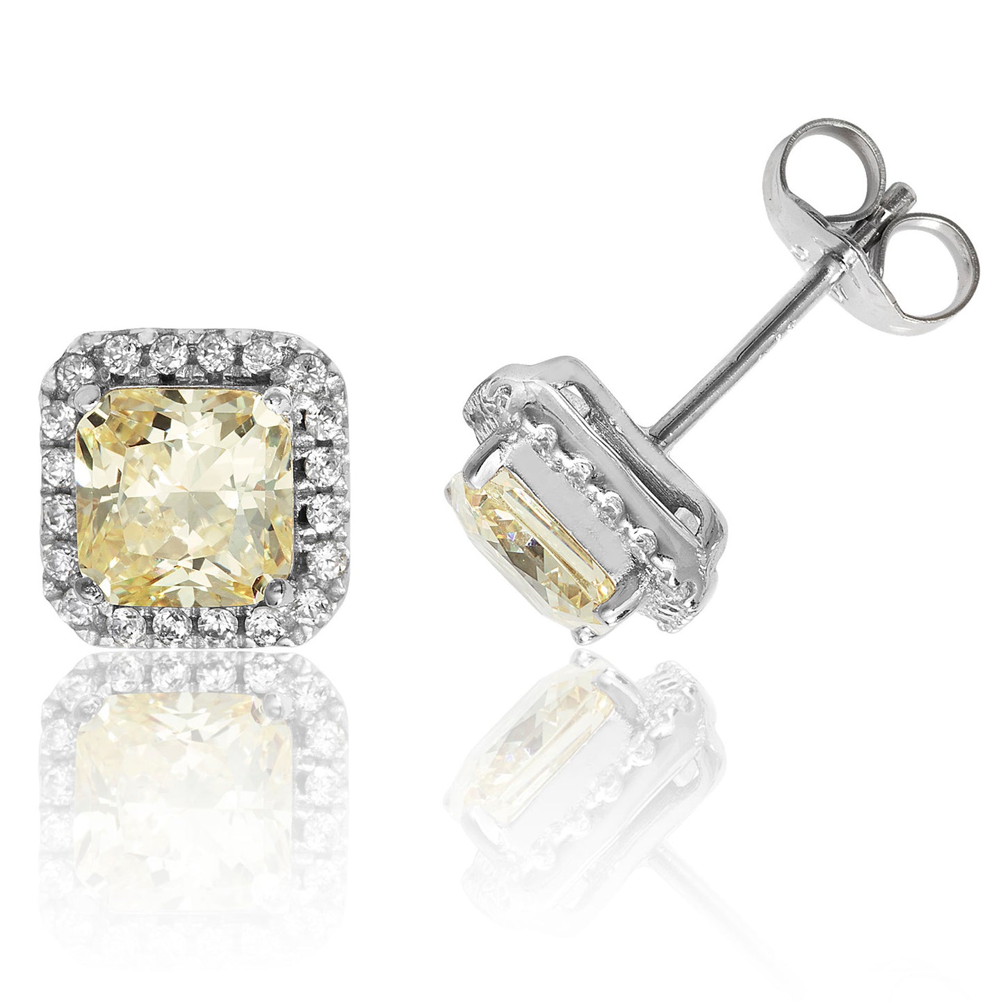 Sterling Silver Square Yellow CZ Halo Style Studs