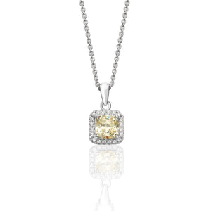Sterling Silver Square Halo Style Yellow CZ Pendant and Chain