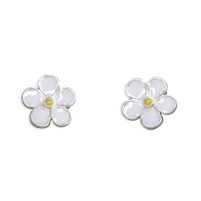 Sterling Silver White Enamel Flower Stud Earrings