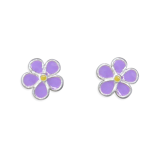 Sterling Silver Purple Enamel Flower Stud Earrings