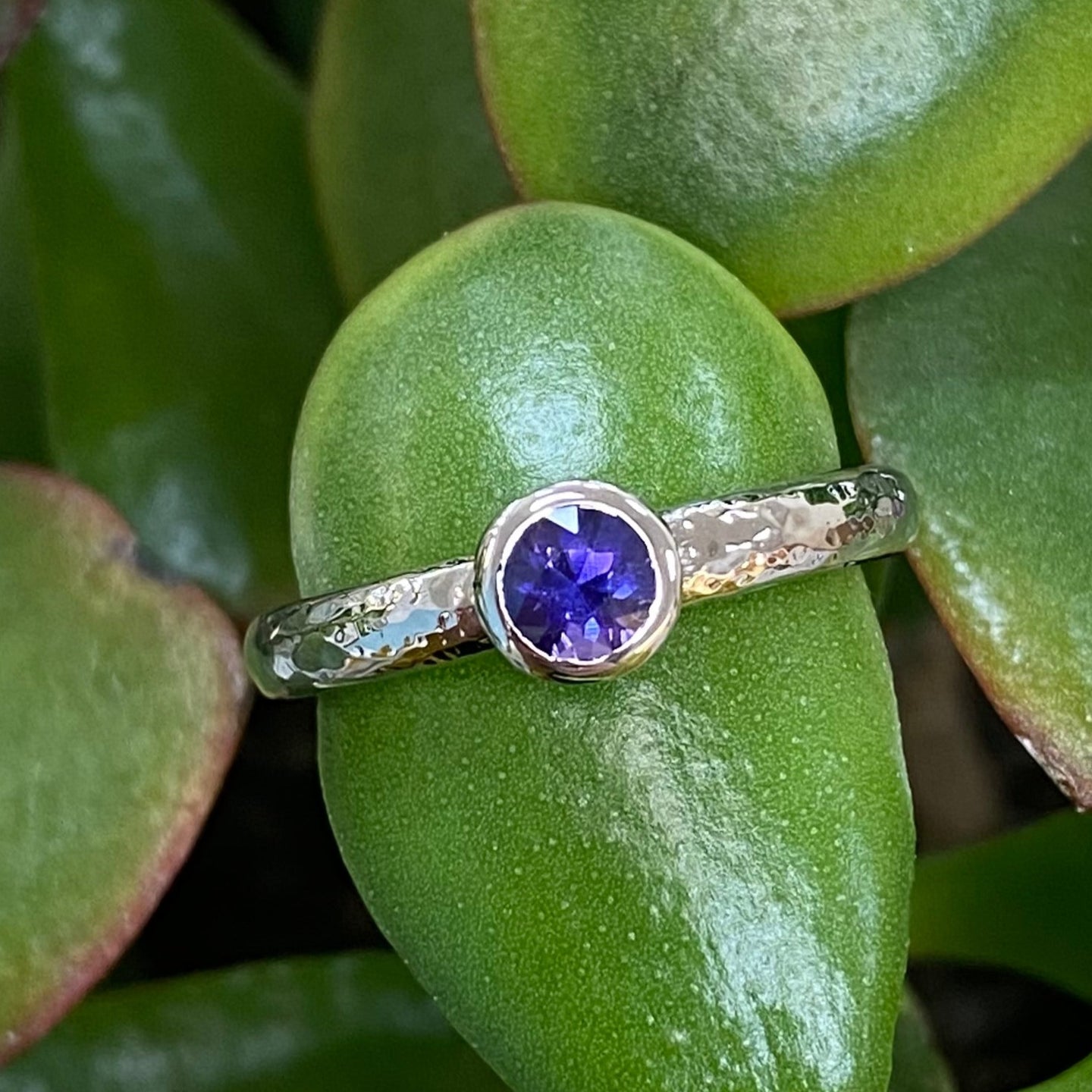 9ct White Gold Purple Sapphire Hammered Ring