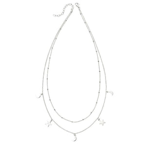 Sterling Silver Double Row Moon & Star Necklace