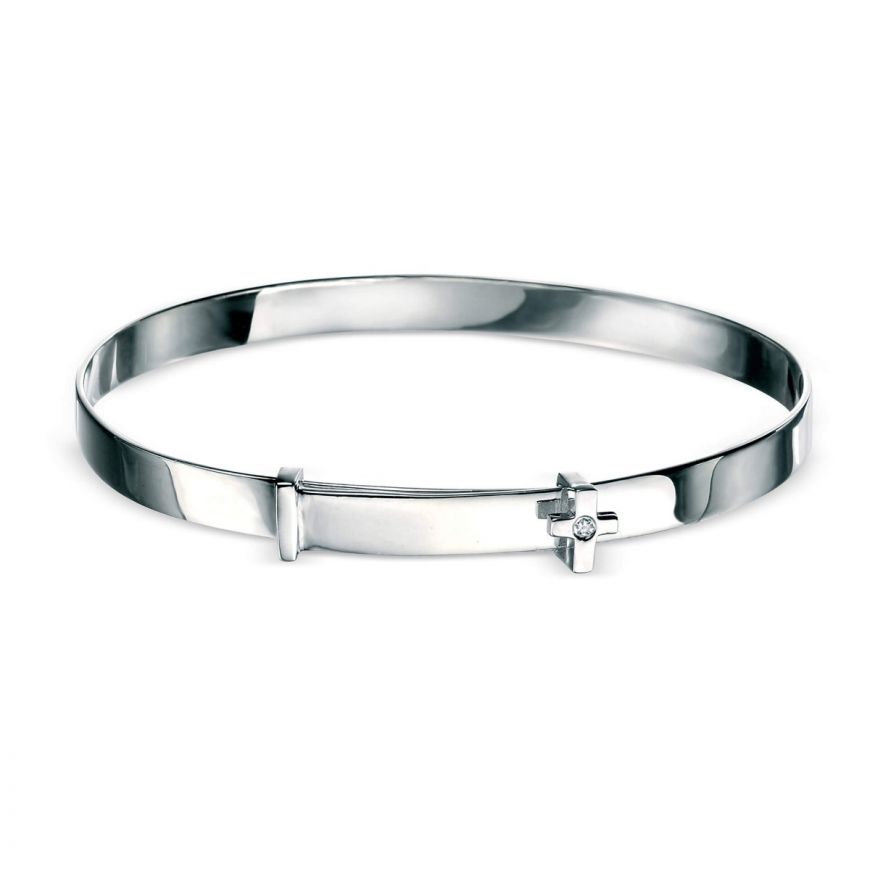 Sterling Silver Cross Motif Expanding Baby Bangle With Diamond