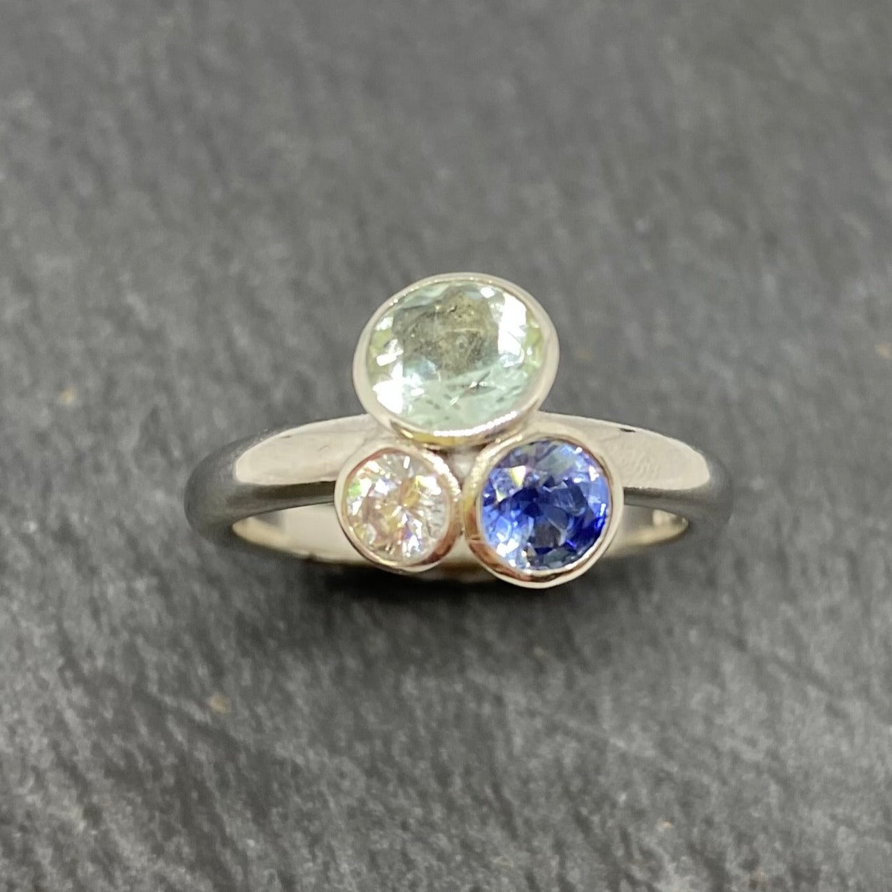 Platinum Sapphire, Beryl & Diamond Flower Pot Ring