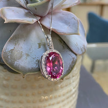 Load image into Gallery viewer, Preloved 18ct White Gold Pink Topaz and Diamond Pendant and Chain

