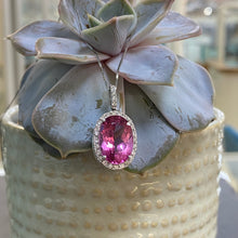 Load image into Gallery viewer, Preloved 18ct White Gold Pink Topaz and Diamond Pendant and Chain
