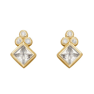Diamond Shape Stud Earrings With CZ And Yellow Gold Plating