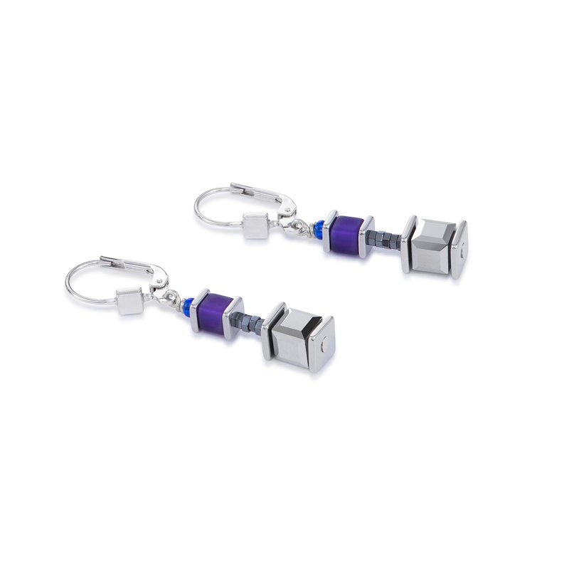 Coeur De Lion GeoCUBE Earrings Swarovski Crystals Purple Blue
