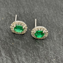 Load image into Gallery viewer, White Gold Emerald &amp; Diamond Cluster Studs
