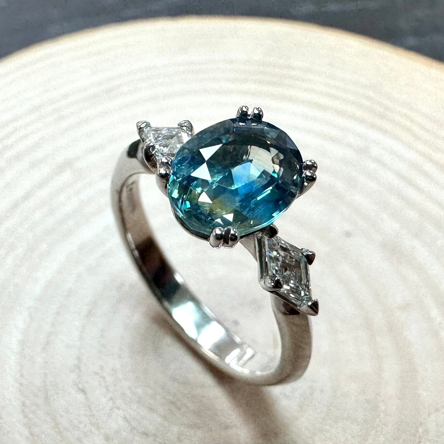 Platinum Ceylon Sapphire and Kite-Shape Diamond Ring