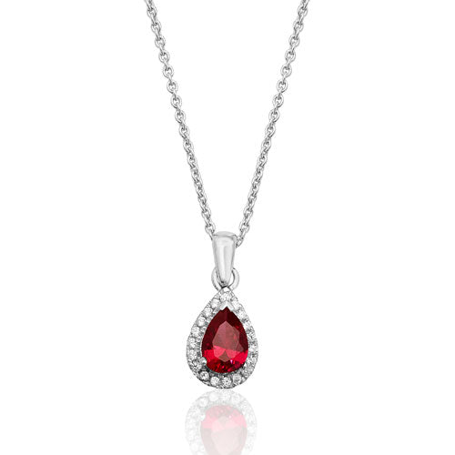 Sterling Silver Pear Shape Red Halo Pendant and Chain