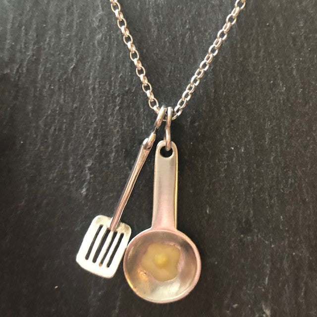 Sterling Silver Necklace with Egg in Frying Pan and Slice Pendants